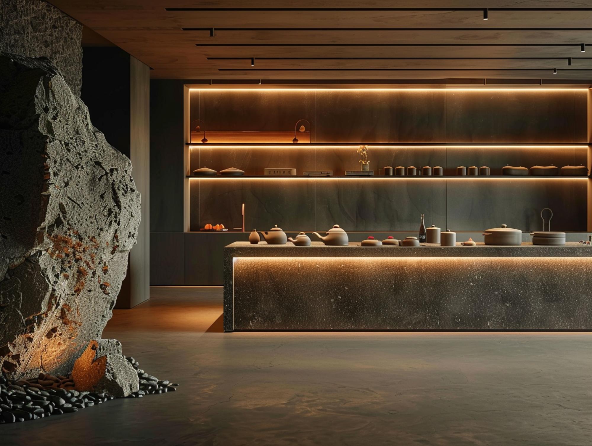 Interior of a small luxury cooking studio with marble counters